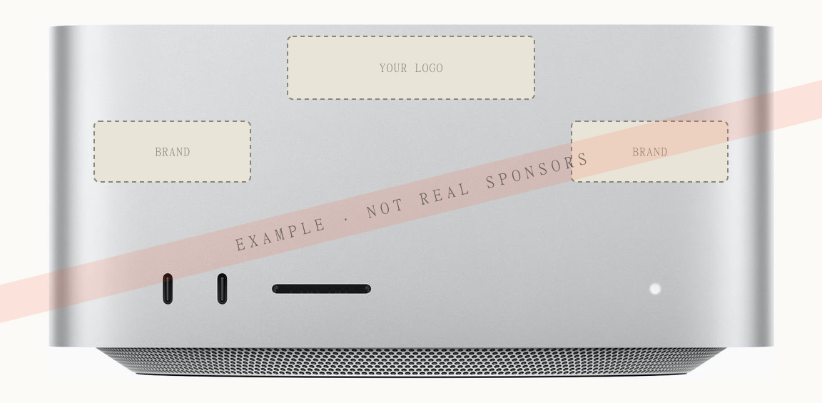 Example of the Mac Studio with placeholder sponsor logos placed on its front face